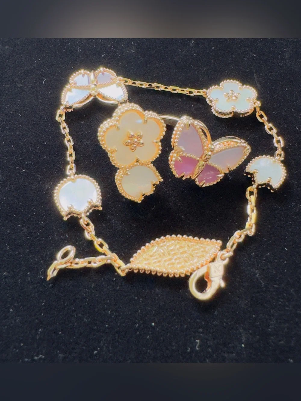 Gold Tone Mother-of-Pearl Butterfly & Flower Bracelet